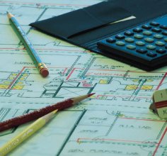 blueprints and pencils